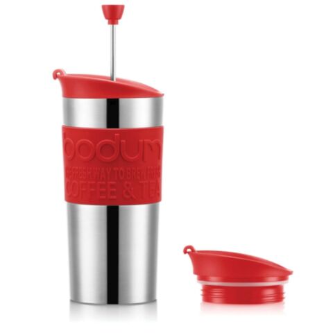 Travel Press Set Travelpress Dubbelwandig met Siliconen Rand en Extra Deksel 350 ml RVS/ Rood